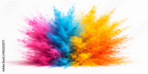 A vibrant abstract watercolor background featuring a fantasy rainbow explosion of colorful paint splashes and brush strokes with an ink smoke texture and grunge cloud patterns in a blue sky