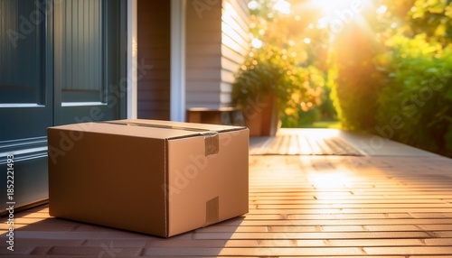 brown cardboard box sits on a doorstep sunlight illuminating it logistics cardboard