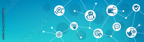 Fintech vector illustration. Blue banner with icons related to innovative financial services - new technology in finance - digital solutions for investment, money transfer, banking software.