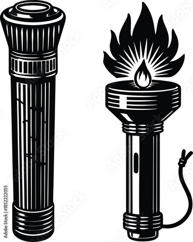 Two Black Flashlights One Lit With Flame white fire
