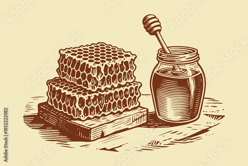 Hand-drawn sketch of honeycomb and honey jar with dipper in rustic engraving style on beige background, concept of natural sweet food