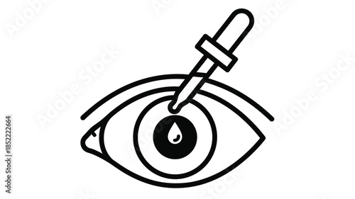 A simple black and white illustration of an eye with a dropper applying a liquid drop