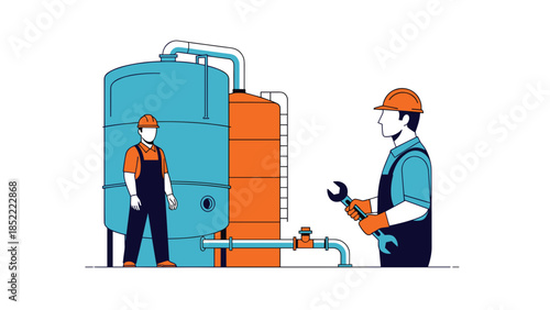 Biogas plant workers  inspecting industrial machinery in a factory setting  