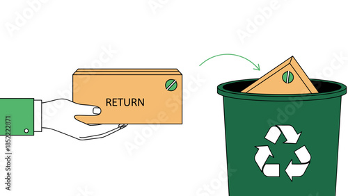 Hand placing return package into recycling bin with logo  
