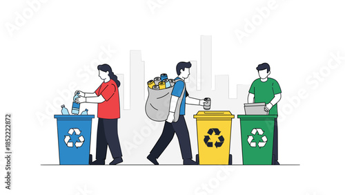 Three people sorting waste into recycling bins in urban environment  