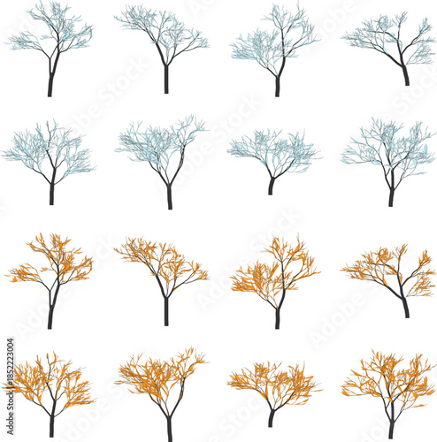 Set of bare trees with different colored leaves on white