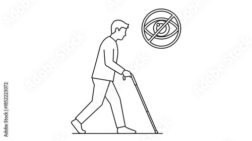 A simple line drawing depicting a visually impaired man walking with a white cane