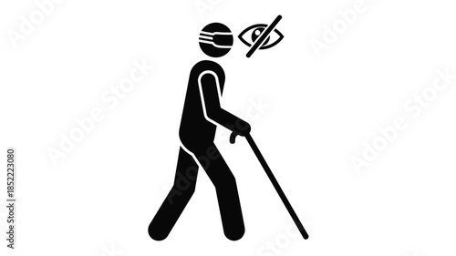 A black silhouette of a blind person walking with a cane and blocked vision