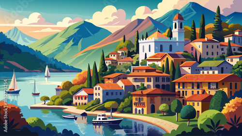 Very beautiful panoramic view of a peaceful Lake Como town with elegant villas, calm water, surrounding mountains, and soft daylight creating a refined and luxurious Italian lakeside atmosphere.