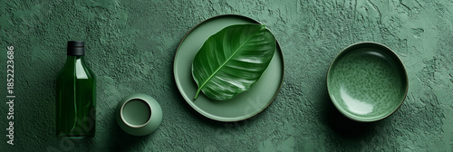 Various green items are placed on a textured surface including a large leaf, a bottle, and dishes Generative AI