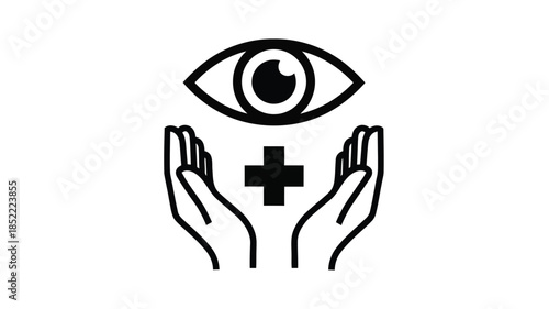 Protecting vision An eye cradled by hands with a medical cross symbol