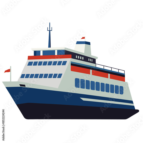 Ferry boat in flat style, isolated on white background. Passenger and vehicle transport vessel used for maritime and river travel. Vector illustration suitable for transportation and tourism