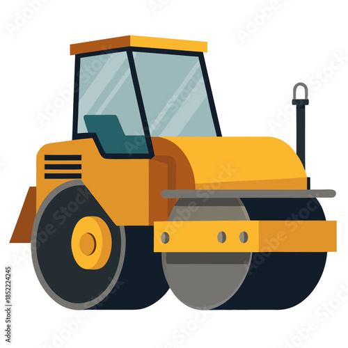 Yellow Road Roller Construction Vehicle. Flat vector isolated on white background