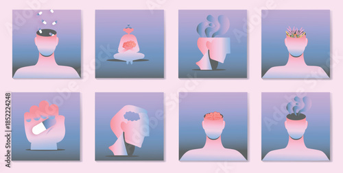 Abstract mental health illustration series showing emotional states, therapy, medication, mindfulness, burnout, anxiety, and recovery. Minimal psychology concept set for wellbeing, therapy, and mental