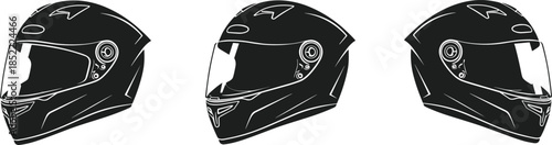 Motorcycle helmet silhouette illustration set showing full face racing helmets from multiple angles, protective motorbike safety gear design for riders and branding projects