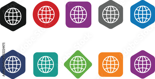Colorful Globe Icons in Geometric Shapes Featuring Latitude and Longitude Lines for Web, UI, and Branding Design Concepts