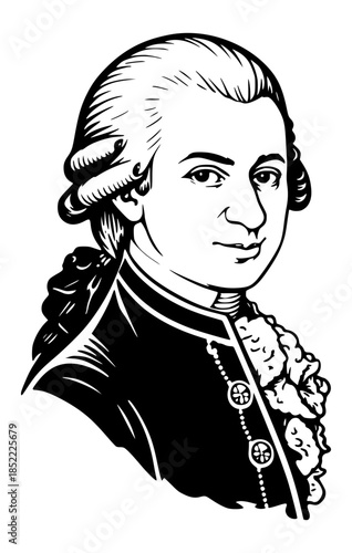 wolfgang amadeus mozart, portrait of an 18th century classical composer with powdered wig and formal attire isolated on white background in vintage engraved illustration style