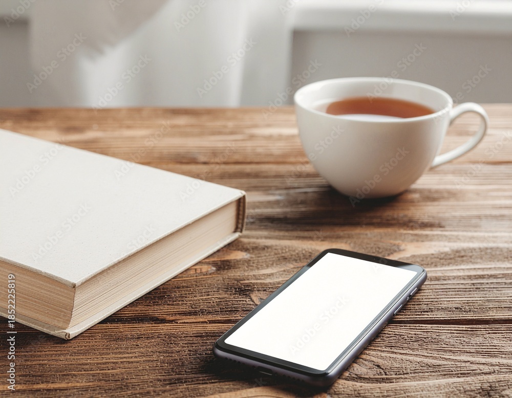 Fototapeta premium Coffee Cup White Notepad Wooden Desk Office Workspace Morning