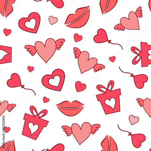 Background pattern with hearts, lips, and gifts in red and pink colors for festive occasions and celebrations
