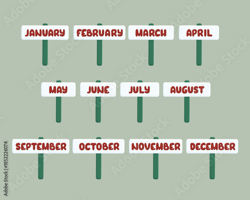 A set of hand-drawn vector cartoon signs with the months of the year. Isolated elements for children’s design