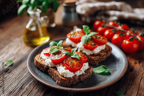 Wallpaper Mural Sandwiches with tomatoes, cream cheese, olive oil and basil on a plate Torontodigital.ca