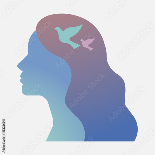Silhouette of a woman's head with two birds flying out of her hair, symbolizing freedom