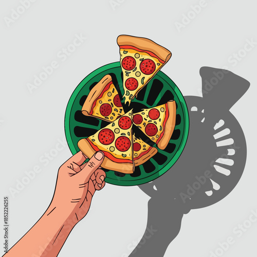 Hand holding a pizza on a green plate with slices arranged artistically for a delicious presentation 