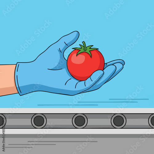 Hand holding fresh tomato on conveyor belt in food processing environment for agricultural illustration 