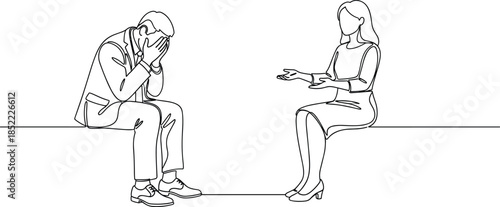 Man and woman counseling line art illustration showing emotional conversation, mental health therapy, support discussion and psychological consultation concept for healthcare and education design