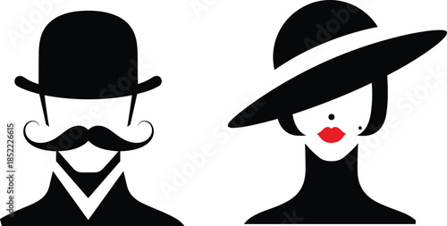 Minimalist Silhouette Illustration of Man and Woman with Classic Fashion Accessories for Gender Identity, Style, and Artistic Design Concepts