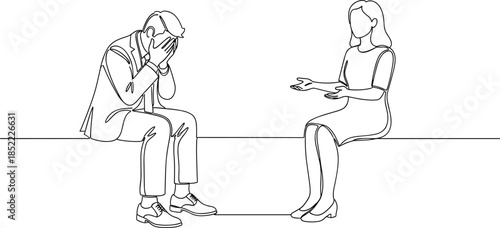 Line Art Illustration of Two People in Counseling Session Depicting Emotional Support and Communication for Mental Health and Therapy Concepts