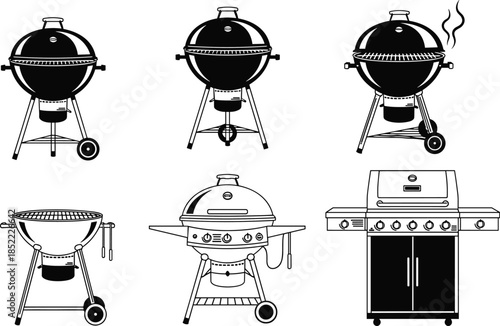 BBQ grill silhouette and outline icon set featuring charcoal and gas barbecue grills, outdoor cooking equipment illustrations for backyard, camping and culinary design projects