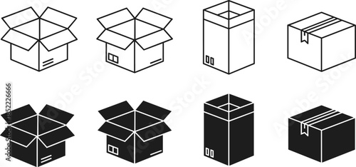 Cardboard box outline and silhouette icon set showing open and closed packaging boxes, shipping, storage and delivery container illustrations for logistics design use