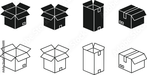 Box Icons in Filled and Outlined Styles Featuring Various Packaging Shapes for Shipping, Storage, and Logistics Design Use