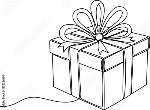 Gift box outline illustration with ribbon and bow, elegant present packaging line art design for celebration, birthday, holiday, surprise and festive branding projects