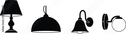 Interior lighting silhouette icons set featuring table lamp pendant light wall sconce and modern lamp designs isolated on white background vector illustration