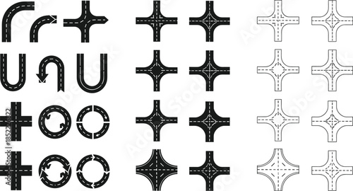 Road intersection and highway junction icons set featuring turns roundabouts and crossings isolated on white background vector illustration for navigation maps and transport design
