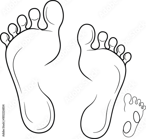Human footprints outline illustration showing adult and child bare feet soles isolated on white background minimal line art vector design