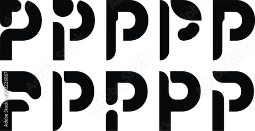 Abstract letter P logo variations set with modern geometric typography isolated on white background creative alphabet symbols for branding and graphic design