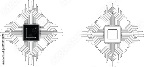 Microchip processor icons set with circuit board lines isolated on white background modern technology CPU hardware vector illustration for digital electronics design