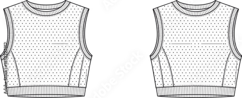 Cropped sleeveless top fashion sketch, bust dart mesh design, flat vector CAD illustration, front view, garment technical drawing