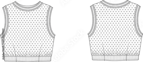 Sleeveless top fashion sketch, eyelet pattern design, ribbed hem detail, flat vector CAD illustration, front and back view
