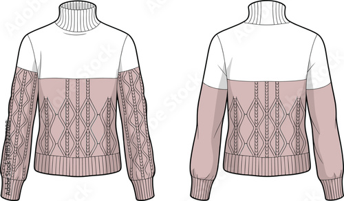 Two tone turtleneck sweater CAD drawing, front and back view, knit apparel flat sketch, fashion technical illustration, cad drawing vector