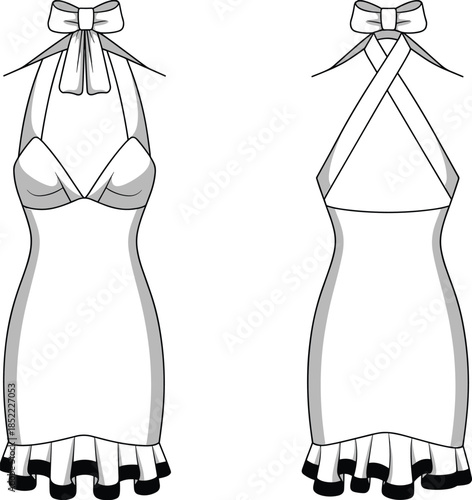 Halter dress fashion sketch, bow tie strap design, ruffle hem detail, flat vector CAD illustration, front and back view