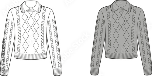 Braided cable knit sweater sketch, diamond pattern fashion design, flat vector CAD illustration, front and back view, garment drawing