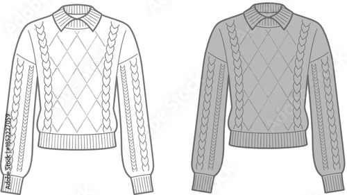 Collared cable knit sweater CAD drawing, front and back view, textured knitwear flat sketch, fashion technical illustration, cad drawing flat vector illustration
