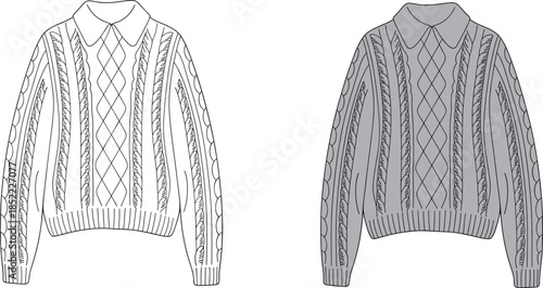 Cable knit sweater fashion sketch, diamond pattern design, flat vector CAD illustration, front and back view, garment drawing