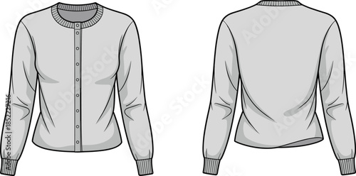 Women's cardigan sweater technical sketch, fashion flat design, button front, ribbed cuffs, round neckline, apparel CAD drawing, garment vector illustration