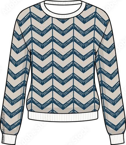 Women's patterned knit sweater fashion illustration, flat front view vector, long sleeve pullover design with geometric chevron print for apparel production