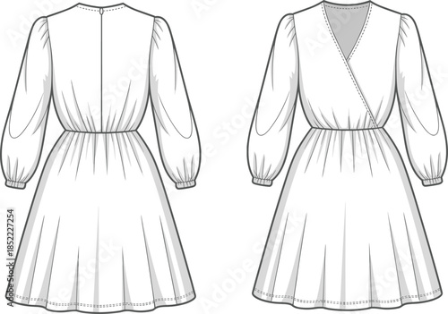 Women's wrap dress technical sketch, fashion flat design, puff sleeve, V-neckline, pleated skirt, fitted waist, apparel CAD drawing, vector illustration